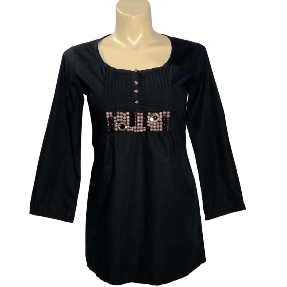 Isaro India Tunic L Shirt Dress Unique Black Pink Embellish Bead‎ 3/4 Sl Artsy